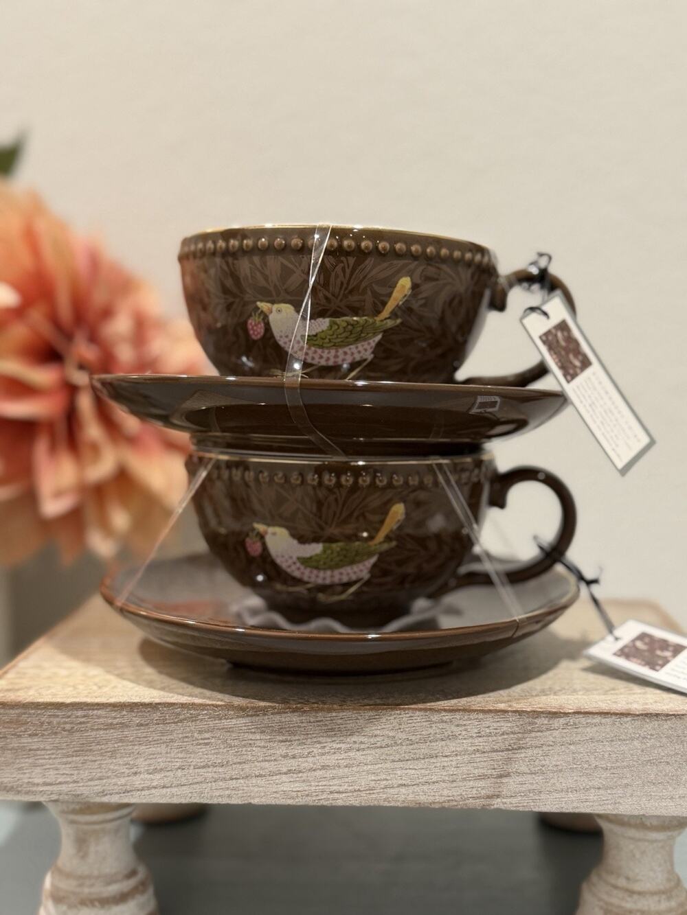 Morris & Co. Strawberry Thief Espresso Brown Floral Tea Cup & Saucer Set Of 2